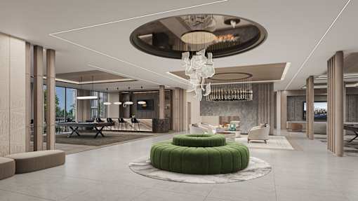 resident clubroom with lounge and table seating, bar area, game tables, sport simulator, fitness center, luxury apartment community