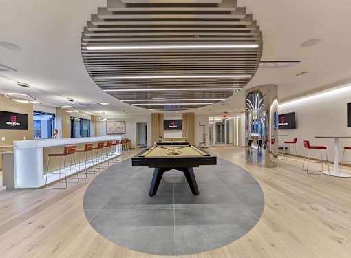 clubroom, pool tables, bar area, lounge seating, resident amenities