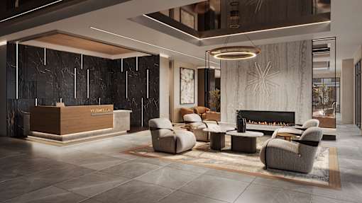 concierge at a luxury apartment building, paramus new jersey, private resident amenities with pool, clubroom, fitness center, sport simulator, cowork area