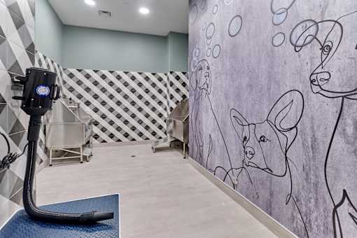 A room with a wall mural of a dog and a vacuum cleaner.