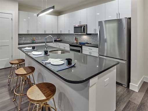 Modern kitchen with island at Vermella Union, Union NJ