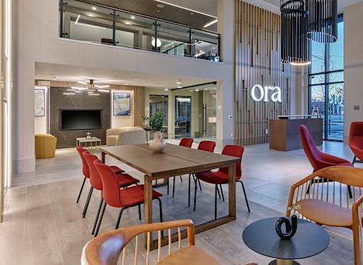Contemporary coworking space with stylish design and collaborative seating at Ora in Hackensack, NJ