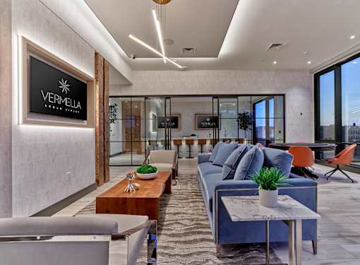 Resident lounge on top floor with panoramic views, Vermella Broad Street luxury amenities in Newark NJ