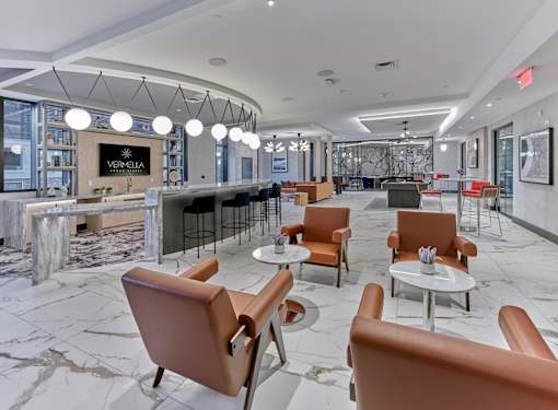 bar area, clubroom, resident amenities, game tables, lounge seating, private meeting room, fireplace, media wall