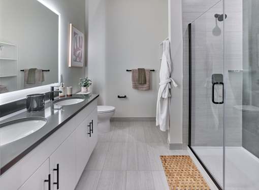 primary master suite, dual sink, backlit vanity, glass shower door, tiled floors and shower, open layouts