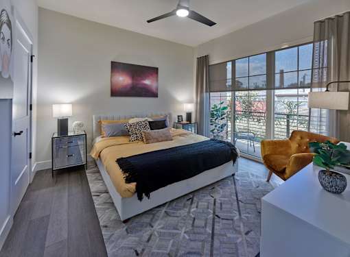 master bedroom, balcony, large windows, master suite