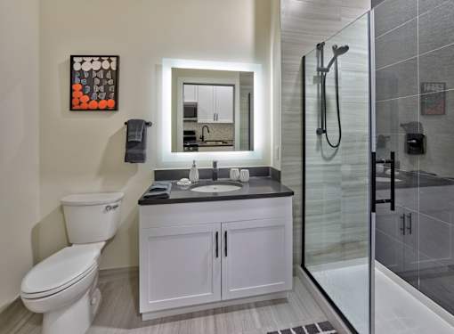 large bathroom, glass shower doors, backlit vanity