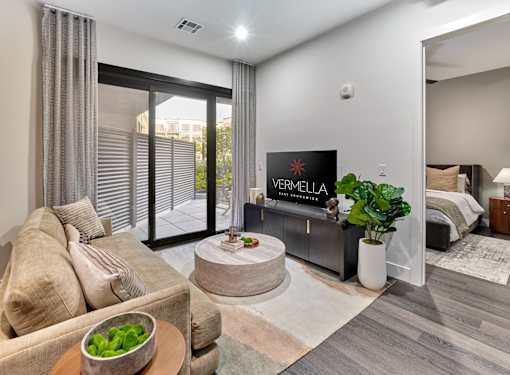 A living room with a couch, a television, and a plant.