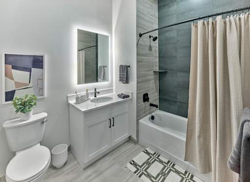 A bathroom with a white toilet, a sink with a mirror, a bathtub with a shower curtain, and a rug on the floor.