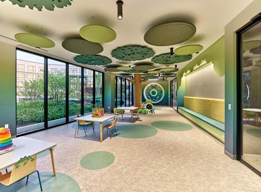 A room with a green ceiling and a white table.