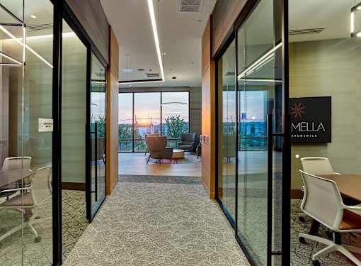 A glass door with a sign that says