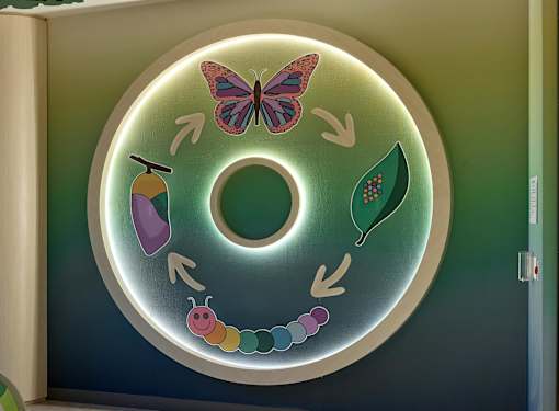 A circular object with a butterfly, a caterpillar, and a plant inside it.