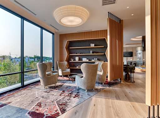 A modern living room with a large rug and a bookshelf.