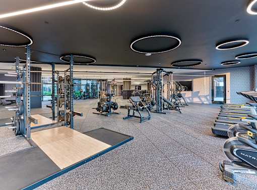A gym with a variety of equipment including treadmills, weights, and exercise machines.