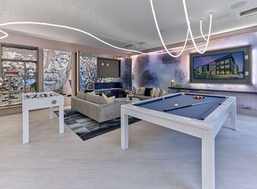resident clubroom, pool tables, tv, bar area