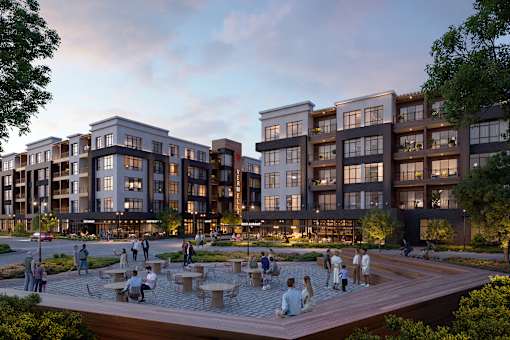 A luxury apartment complex with premiere retail and private resident amenity spaces, resort style pool, fitness center, clubroom, sport simulator, movie theater