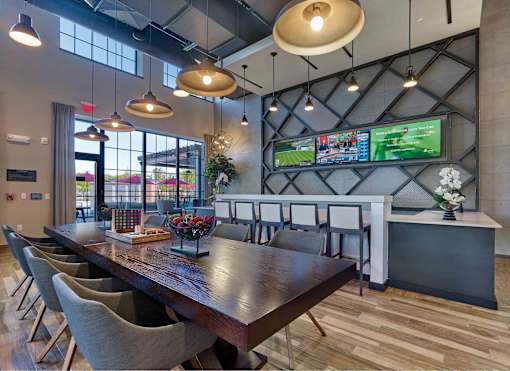 clubhouse, tvs, game room, fireplace