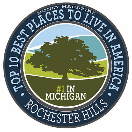 Badge reading Top 10 Best Places to Live in America with #1 in Michigan and Rochester Hills.