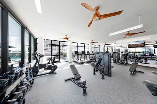 A gym with a variety of equipment including treadmills, weights, and exercise machines.