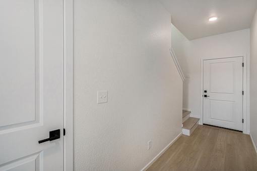 A white door with a black handle is on the left side of the image.