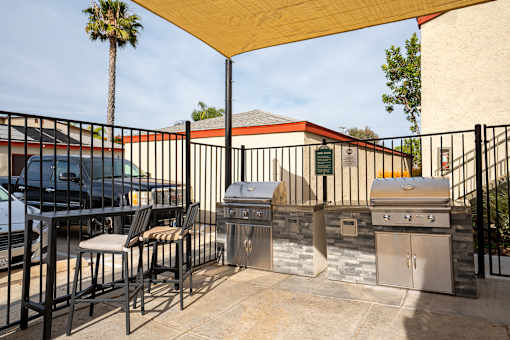 A patio with a grill and chairs under a canopy.
