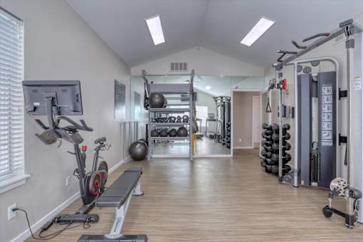 A well-equipped home gym with a variety of exercise equipment.