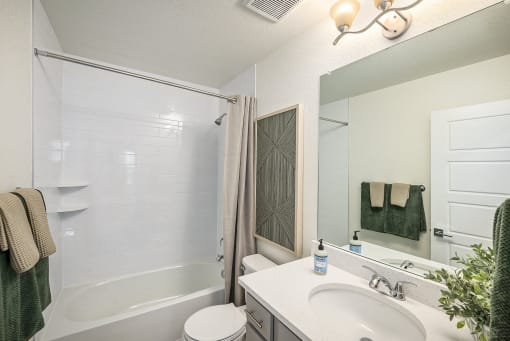 a bathroom with a shower and a sink and a mirror