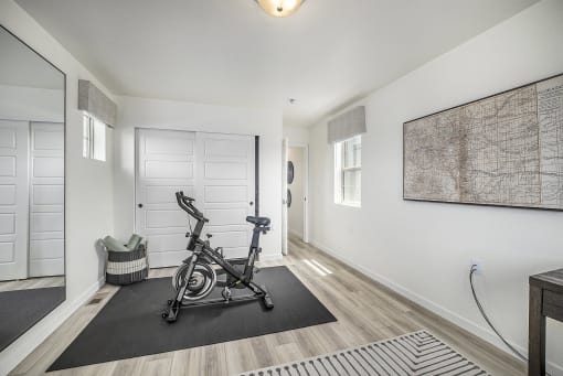 homes fitness room with exercise bike