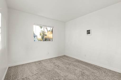 A room with a carpeted floor and a window.