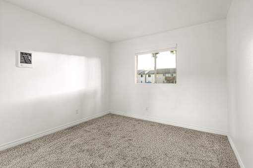 A room with a carpeted floor and a window.