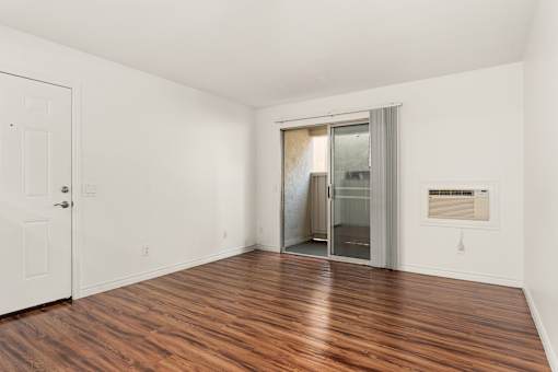 A room with a wooden floor and a white door.