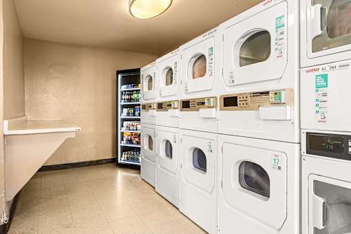 A row of washing machines are lined up in a laundromat.
