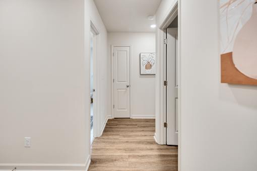 A hallway with a white door and hardwood floor.
