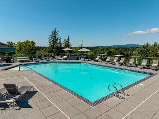 A large swimming pool surrounded by lounge chairs and umbrellas.
