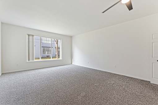 A room with a carpeted floor and a window.