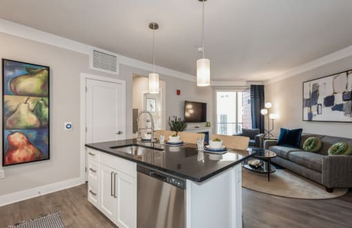 an open living room with a kitchen and a living room