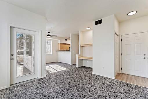A spacious room with a grey carpet and white walls.