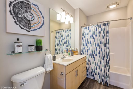 a bathroom with a toilet sink and shower with a shower curtain and a painting on the wall
