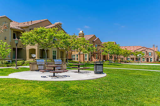 A sunny day at a park with benches and a trash bin.
