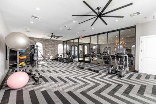 A gym with a variety of equipment including treadmills, weights, and a bench press.