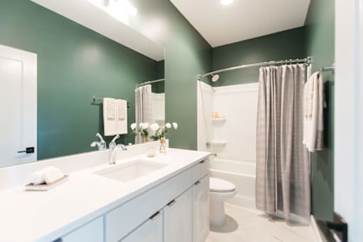 A bathroom with green walls and a white counter.at The Yarra, Madison Tennessee