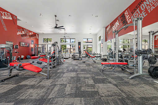 A gym with a variety of equipment including weights and benches.