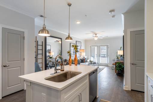 A kitchen with a sink and a counter.