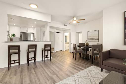 Modern kitchen with a dining area and a living room at Cahuenga Heights, LA