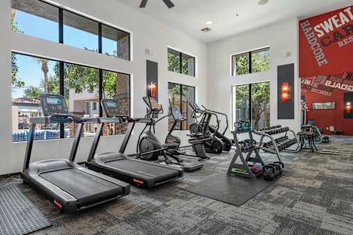 A gym with treadmills, elliptical machines, and other exercise equipment.
