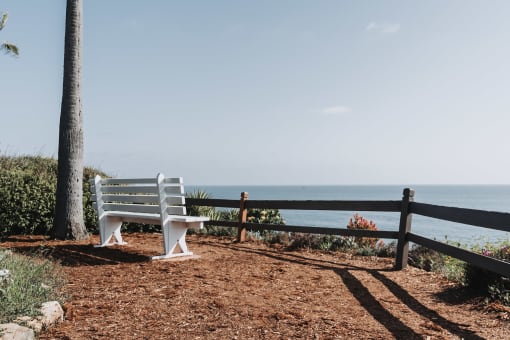 a white bench on a cliff overlooking the ocean