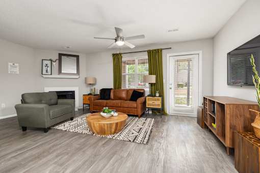 Living room with green curtains