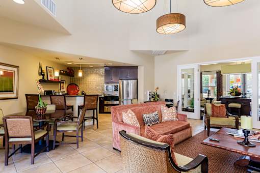 Clubhouse with couches and dining
