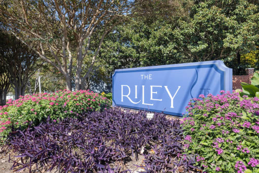 the sign for The Riley in front of purple flowers and trees