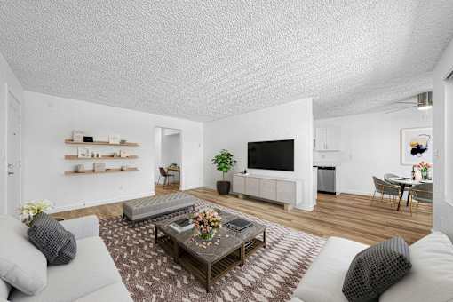 A living room with a grey couch, a coffee table, and a television.